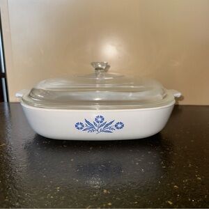 White Corningware Cornflower Casserole Dish 9 1/2”. Vintage.
